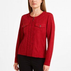 Coldwater Creek Red Embossed Floral Ruffle Zip Jacket Women’s M